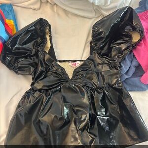 Black Shiny Puff Sleeve Top